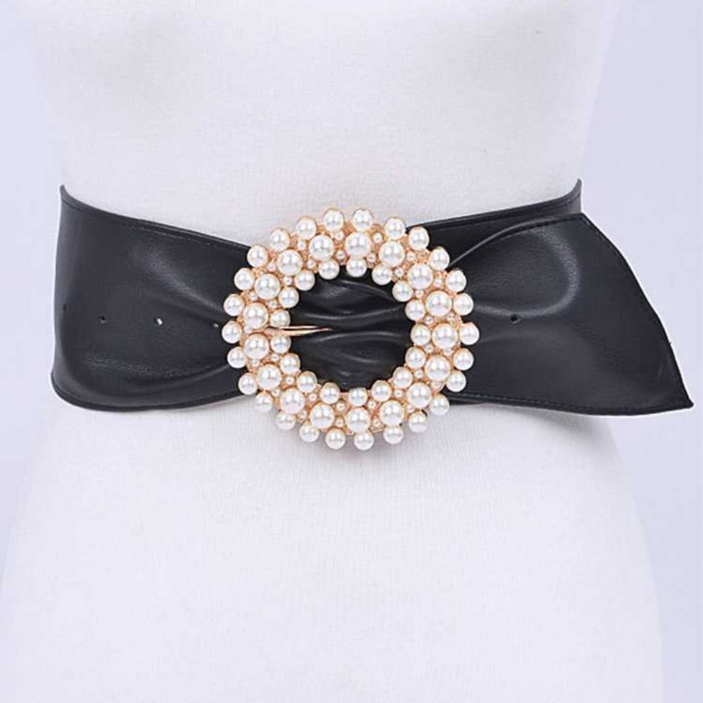 Plus Size Pearl Buckle Faux Leather Belt - Black
